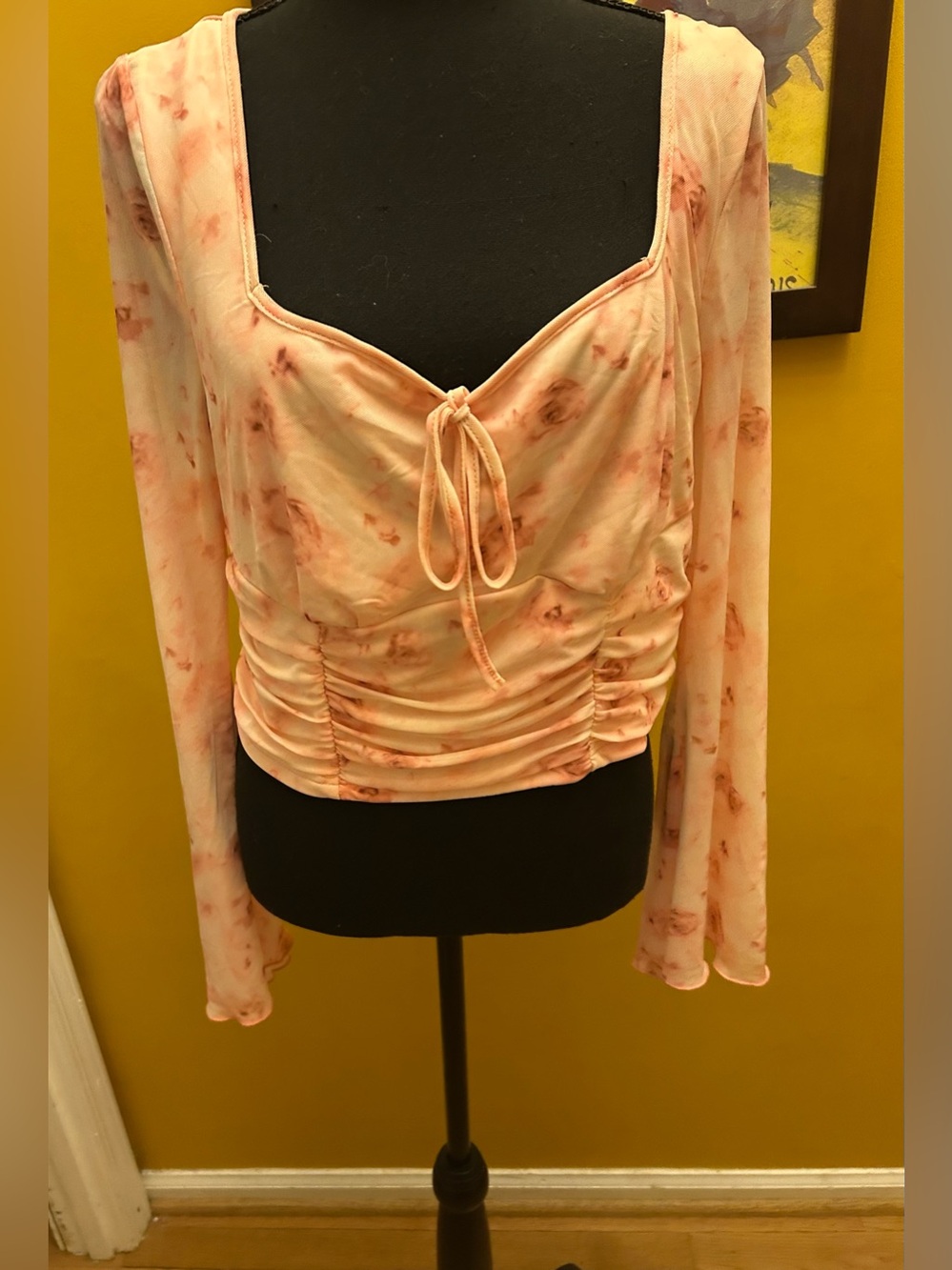 Silky Rose Print Sweetheart Tie Front Neckline Blouse 1XL